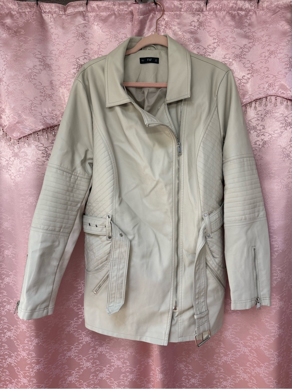 F&F Women's Light Cream Leather Moto Jacket with Quilted Panels